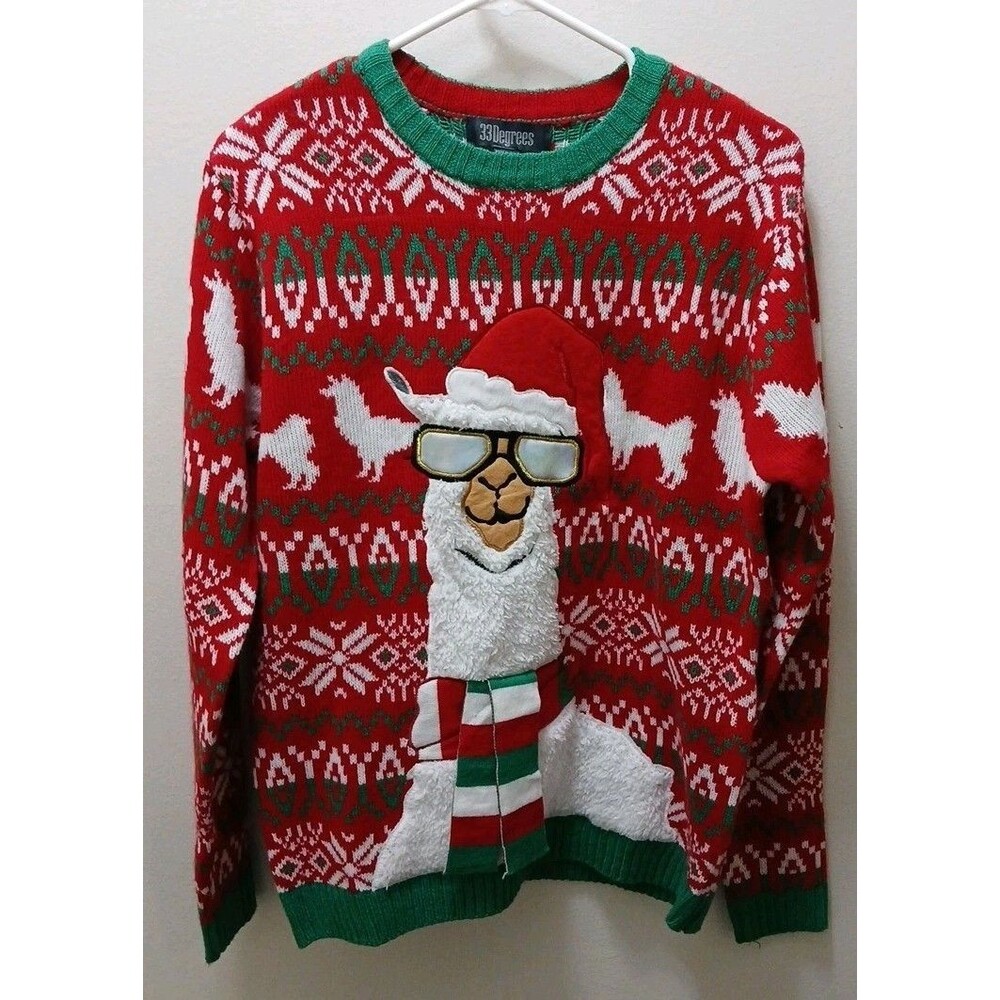 33 Degree Llama Sunglasses Ugly Christmas Sweater Red Green Mens Small